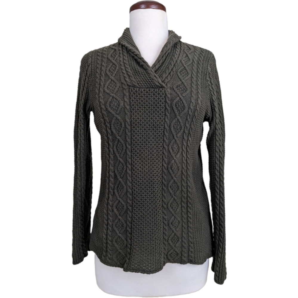 Jeanne Pierre 100% Cotton Pullover Cable Knit Sweater Brown/Green Small